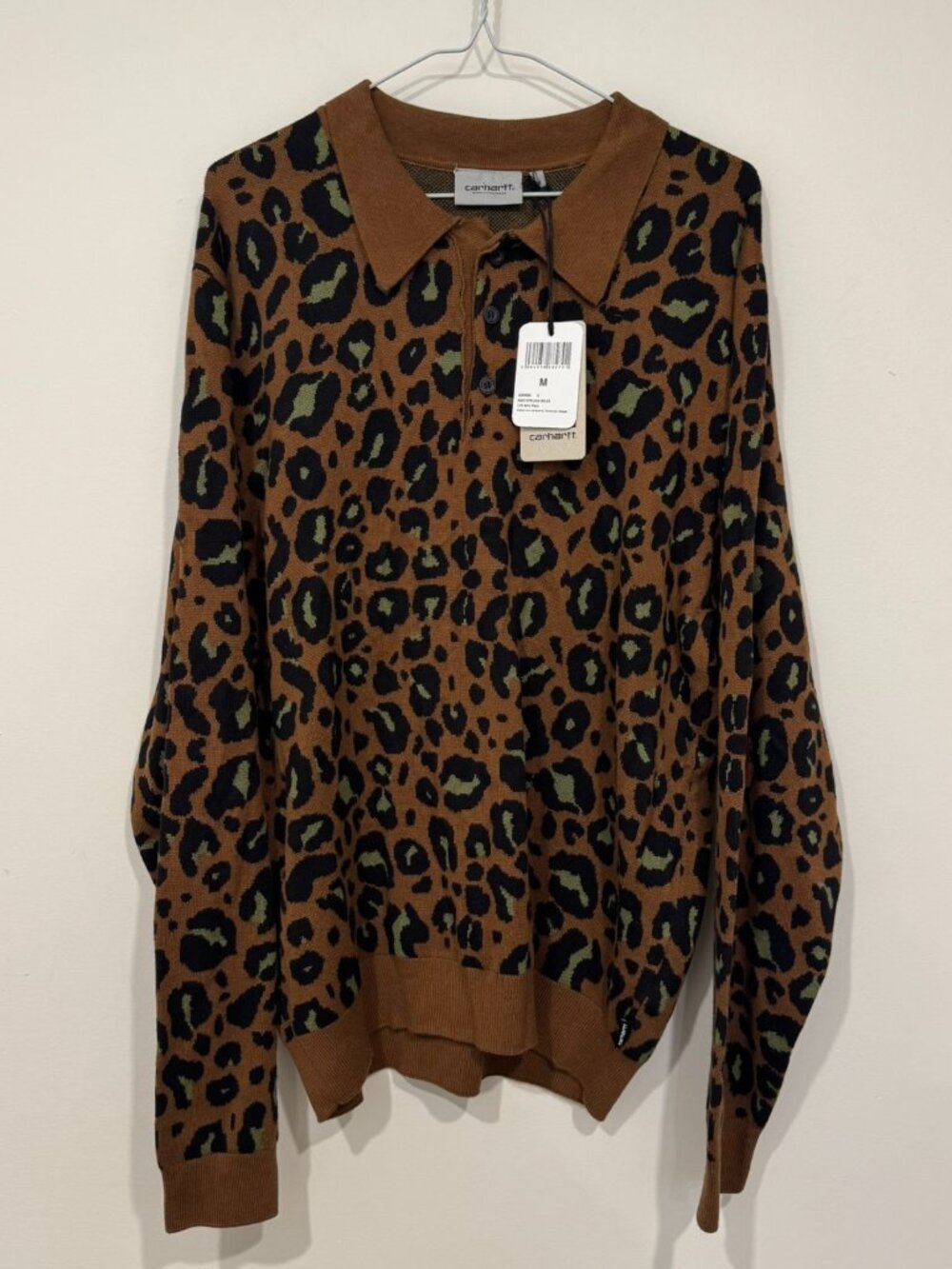 Carhartt WIP Mens Long Sleeve Arlo Polo Size M Camo Leo Jacquard Print NWT